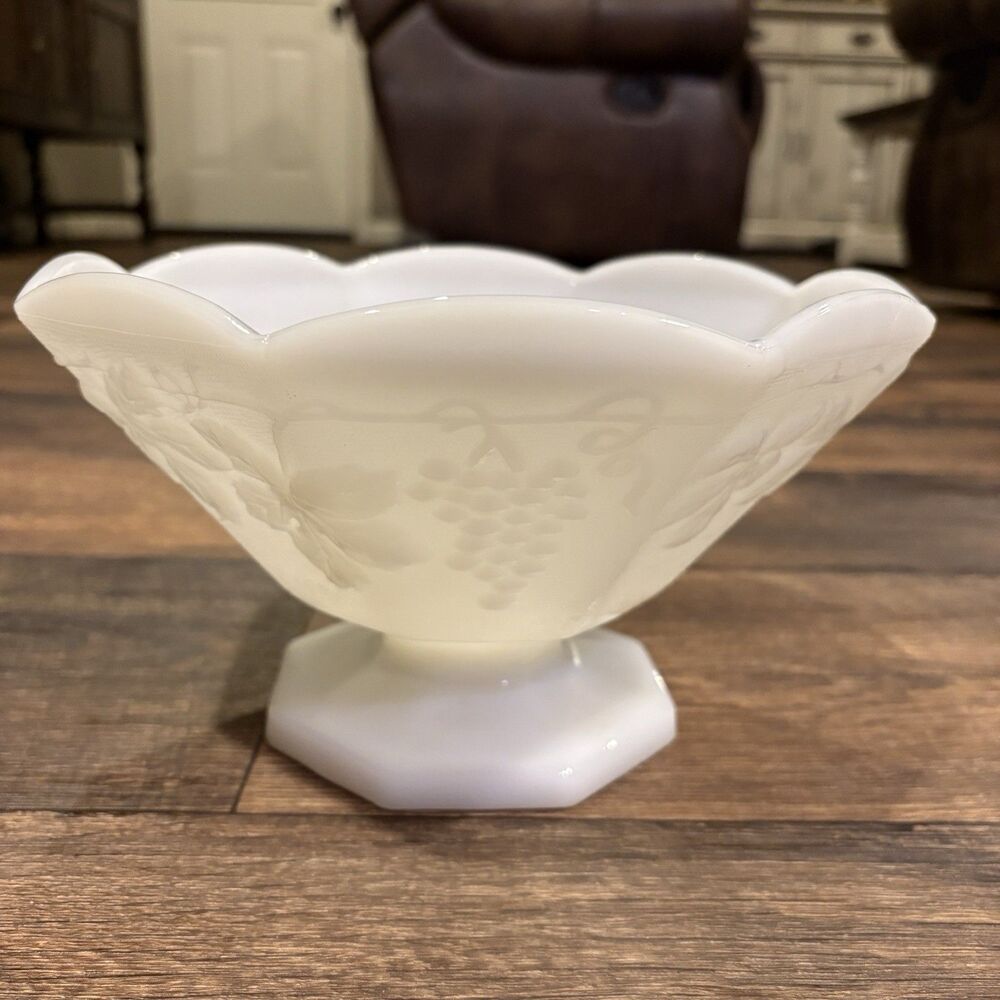 Vintage Milk Glass Pedestal Bowl Grape Vine Pattern Compote Scalloped Edge